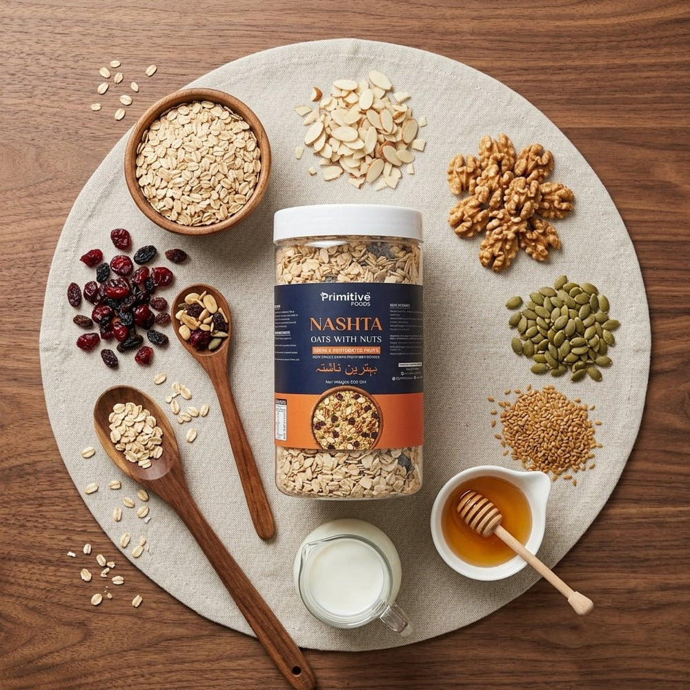 Oats with nuts jar showing ingredients