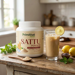 Sattu powder jar with prepared sattu drink